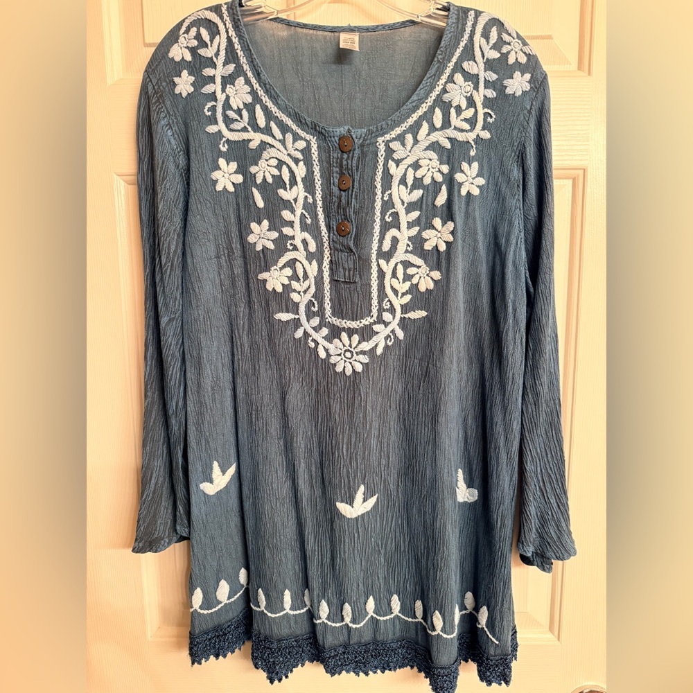 Embroidered Blue Tunic Top One Size